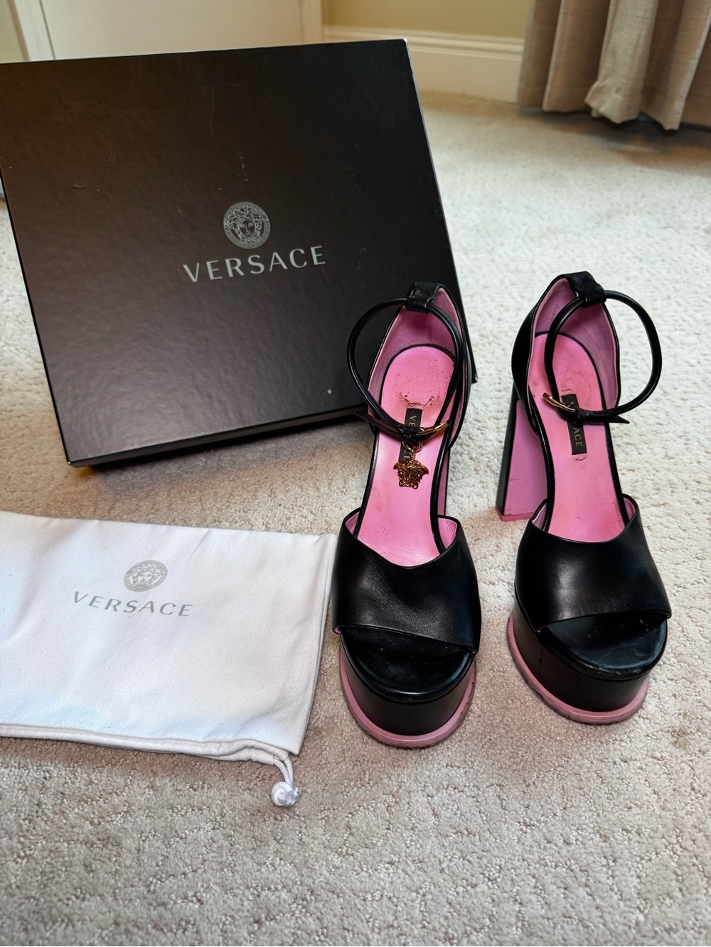 Versace Black Leather Platform Sandals with Medusa Charm & Pink Insoles Size 6